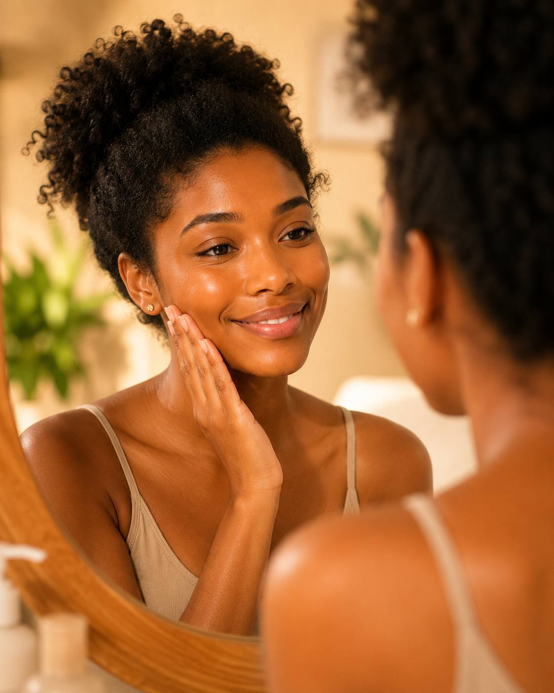 Femme satisfaite devant le miroir